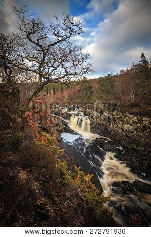 Black Water River In Scottish Highlands, Rogie Falls Near Tarvie.