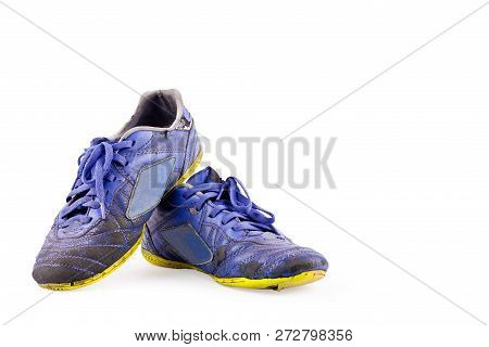 Old Blue Worn Out Futsal Sports Shoes On White Background Soccer Sportware Object Isolated