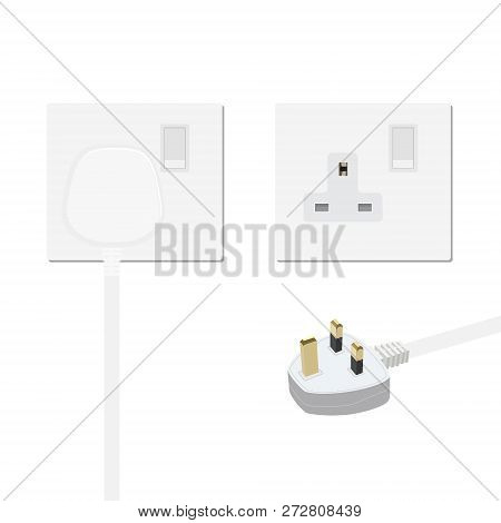 Realistic White Plug Inserted In Electrical Outlet, Power Socket And Uk Plug