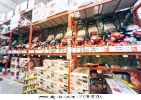 Filtered Tone Blurry Background Garden Tools Display At Home Improvement Store In Usa