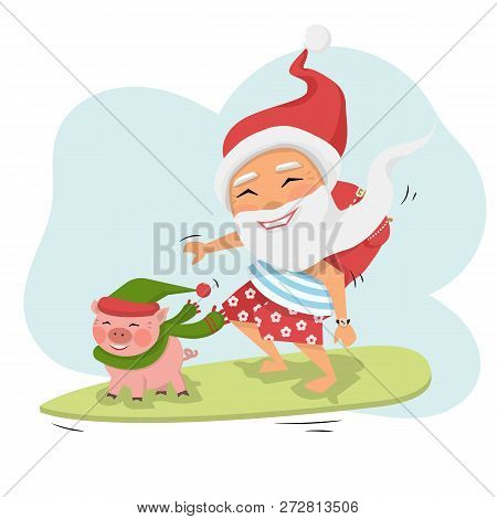 Santa Claus With Pig On Surfboard With Gifts