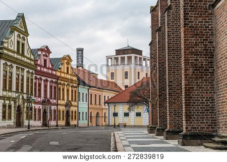 Colorful Houses Of Hradec Kralove City Center. Beautiful Czech Cityscape With Decorated Buildings An