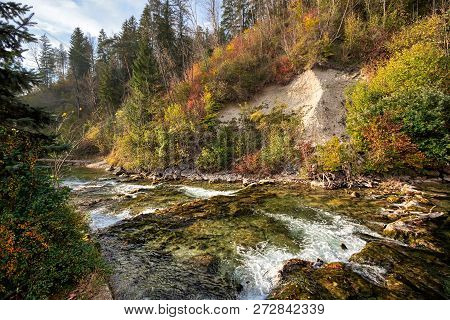 River Grundlseer Traun On A Sunny Autumn Day, As Viewed From The Alpine Town Of Bad Aussee. Region S