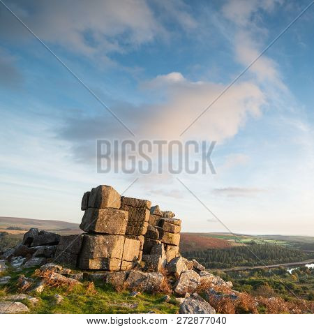 Beautiful Autumn Sunset Landscape Image Of View From Leather Tor Towards Burrator Reservoir In Dartm