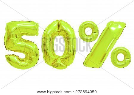 Fifty Percent From Lime Color Balloons On Isolated Background. Discounts And Sales