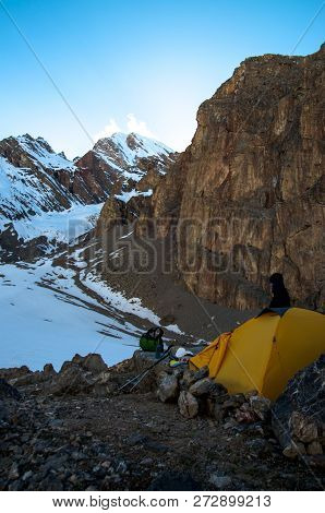 Cantral Asia, Fann Mountains, Camping With A A Yellow Tent