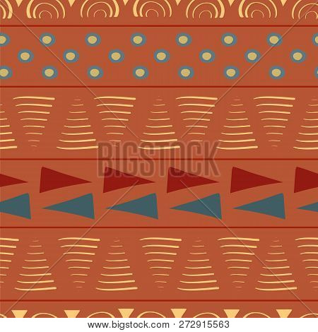 Vibrant Orange, Red, Blue Seamless Vector Pattern With Hand Drawn Elements. Bright Tribal Feel. Grea