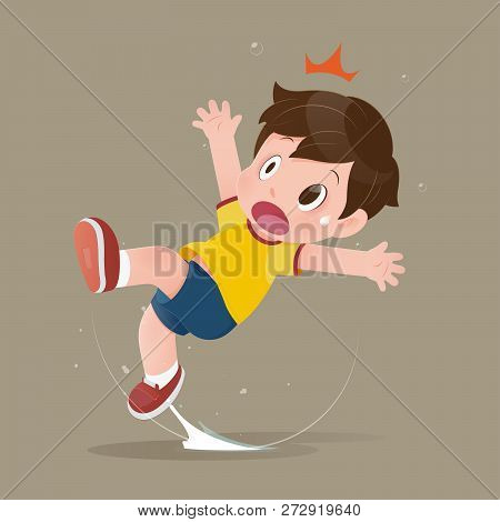 The Yellow Shirt Cartoon Boy Feel Shock Because Slipping In A Puddle On The Floor. Illustration Of C