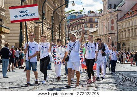 Prague, Czech Republic - July 1, 2018: Visitors From Slovakia Parading At Sokolsky Slet, A Once-ever