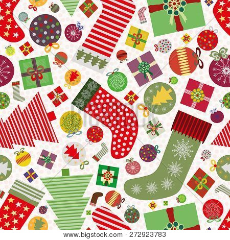 Funky Seamless Vector Pattern With Multicolour Christmas Baubles, Christmas Stockings And Presents O