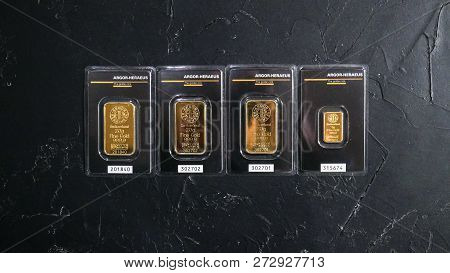 Kiev, Ukraine - December 08, 2018: Four Small Minted Ingots Produced By The Swiss Factory Argor-hera