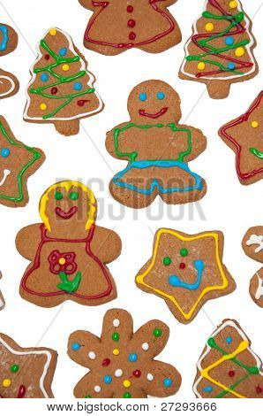 Biscotti di Natale di Pan di zenzero colorato, satinato su sfondo bianco