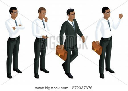 Isometry Icons Emotions Male African American, 3d Business Men, General Manager, Attorney. Expressio