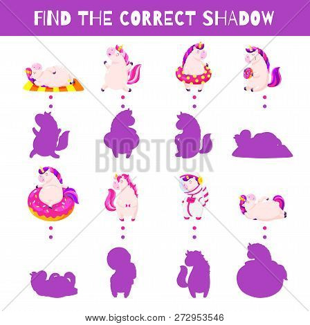 Fun Game For Kids. Find The Correct Shadow. Vector Cartoon Illustration. Cute Doodle Unicorns