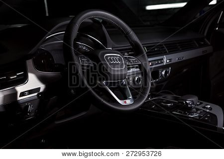 Moscow. October 2018. Audi Q7 S Line Interior. In Black And Silver