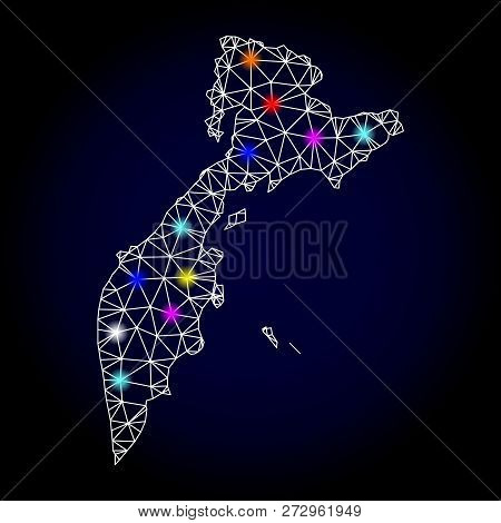 Glossy Polygonal Mesh Map Of Kamchatka Peninsula With Glare Effect. Vector Carcass Map Of Kamchatka 