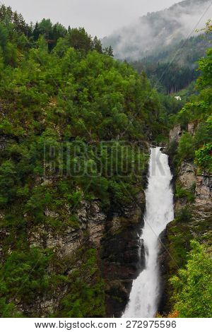 Amazing view of a wonderfull waterfall seen from Stalheimskleiva road, north of Voss village in the region of Hordaland, Norway.
