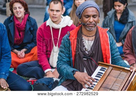 New York, Usa - June 3, 2018: Hare Krishna Followers Playing Music In Union Square. Manhattan Street