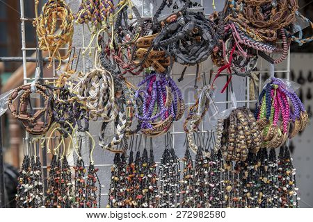 El Nido, The Philippines - 22 Nov 2018: Handmade Rustic Bracelets For Sell On Display. Native Handma