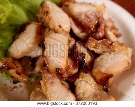 Tasty Grilled Pork Cut On Slices On Dish, Delicious Thai Food