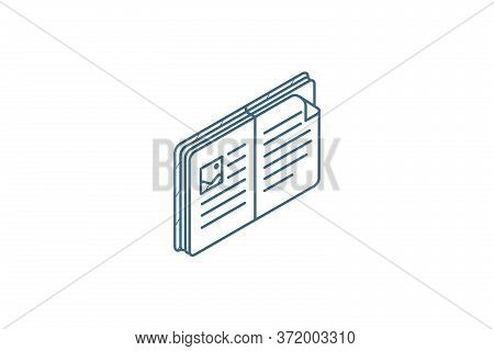 Open Book Isometric Icon. 3d Line Art Technical Drawing. Editable Stroke Vector