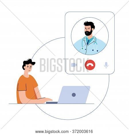 Doctor Consults A Happy Man By Videocall Via Laptop By Internet. Flat Vector Illustration. Medical P