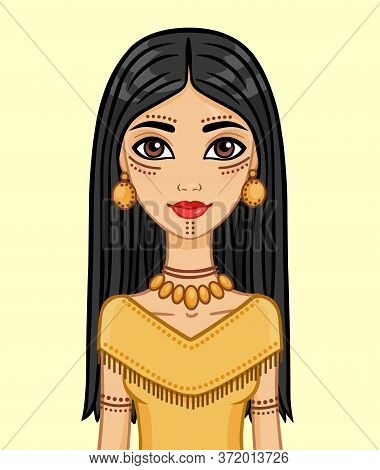 Cartoon Portrait Of An American Indian Girl. Isolated. Vector Illustration.