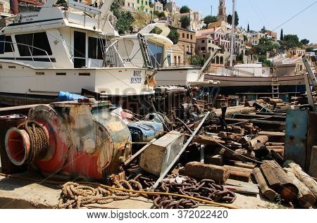 Symi, Greece - June 19, 2020: Place Where Boats And Ships Are Repaired, Port Of Symi, Symi Island, G
