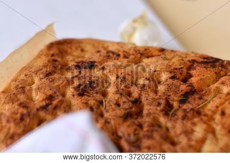 Homemade Italian Focaccia Modenese, With Rosemary And Olive Oil. Freshly Baked Flat Bread Whit Herbs