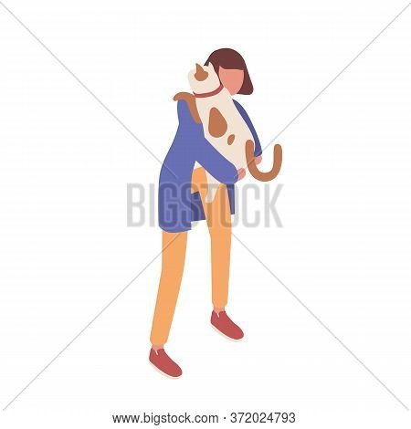 Caring Woman Hugging Cat Holding By Hands Vector Isometric Illustration. Adorable Pet Owner With Cut