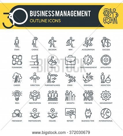Set Of Outline Icons On Following Topics Business, Management, Corporate Development, Corporate Mana