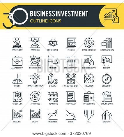 Set Of Outline Icons On Following Topics Business, Investment, Financial Management And Other. Each 