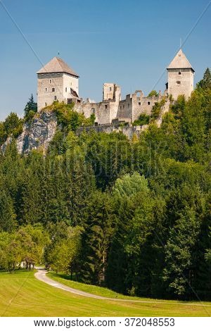 The partially ruined Gallenstein Castle, founded in 1278. Municipality of Sankt Gallen, district Liezen, state of Styria, Austria
