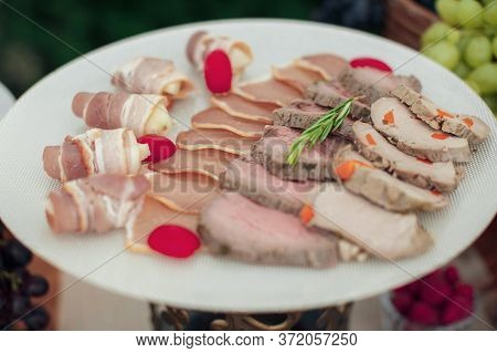 Wedding Catering Outdoor Close Up. Food On Buffet On Wedding Celebration