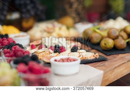 Wedding Catering Outdoor Close Up. Food On Buffet On Wedding Celebration