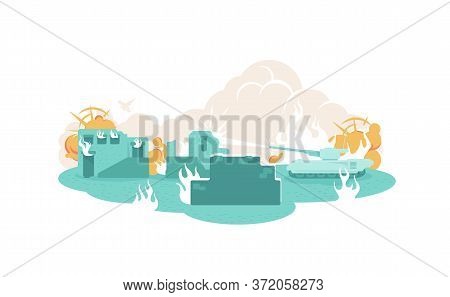 War 2d Vector Web Banner, Poster. Building Ruin In Flame. Tank In City. Military Violence Flat Illus