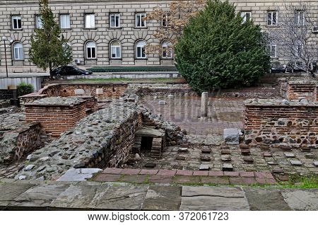 Sofia, Bulgaria - November 28, 2019: View Of Some Of The Preserved Ruins Of The Late Antique Public 