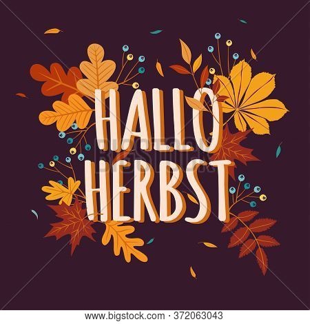 Hello Autumn Background In German Language With Fall Leaves. Nature Autumnal Vector Concept. Orange 