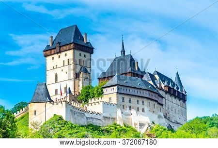 View Of The Famous Karlstejn Castle, Czech Republic. Castle Built In Gothic Style By King And Empero
