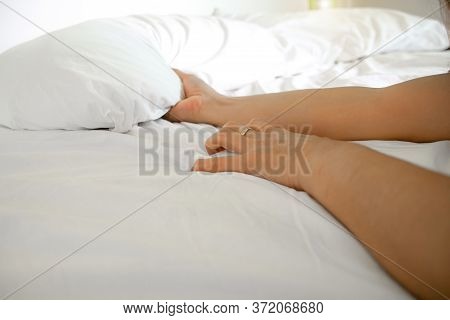 Woman Hand With Sex Orgasm Gesture Hand Grasp On White Bed Sheet. \ncouple Lover Marriage Lifestyle 