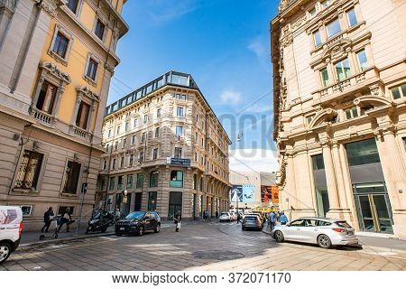 Milan. Italy - May 21, 2019: Crossroads of Santa Maria Segreta Street and Cordusio Street. Facades of Old Buildings in Old Part of Milan.