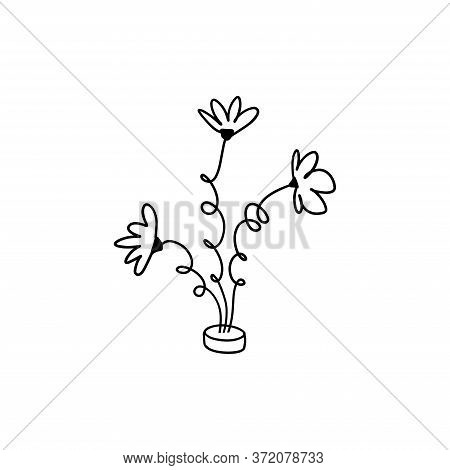 Cartoon Flower Freehand Line. Cheerful Black Outline Flowers On White Background. Stock Vector Illus