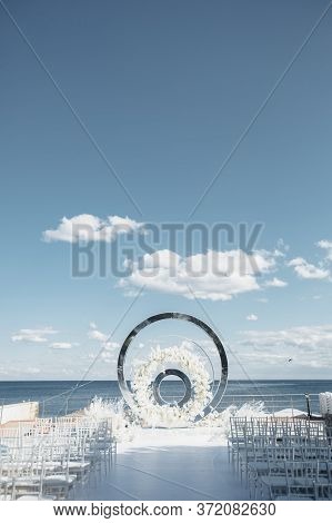 Beautiful Decorations On Wedding Celebration Ceremony Outdoors. Nature Background