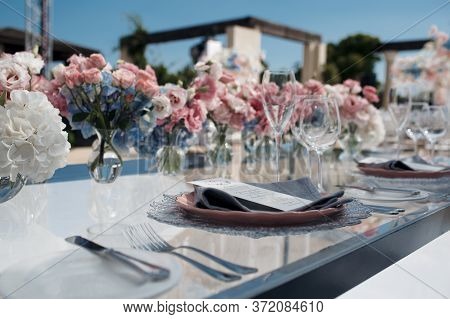 Beautiful Decorations On Wedding Celebration Ceremony Outdoors. Nature Background