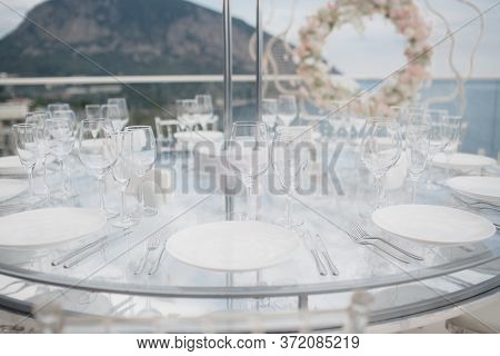 Beautiful Decorations On Wedding Celebration Ceremony Outdoors. Nature Background