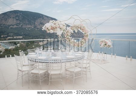 Beautiful Decorations On Wedding Celebration Ceremony Outdoors. Nature Background