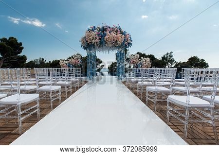 Beautiful Decorations On Wedding Celebration Ceremony Outdoors. Nature Background