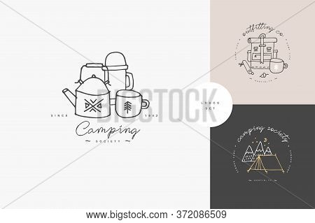 Vector Set Of Liear Camping And Hiking Icons Or Logos . Traveling Emblem Or Round Badge With Traveli