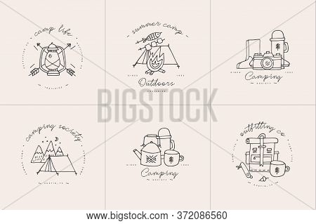 Vector Set Of Liear Camping And Hiking Icons Or Logos . Traveling Emblem Or Round Badge With Traveli