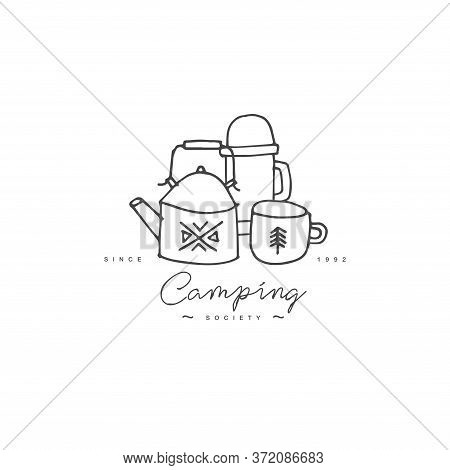 Vector Set Of Liear Camping And Hiking Icons Or Logos . Traveling Emblem Or Round Badge With Traveli